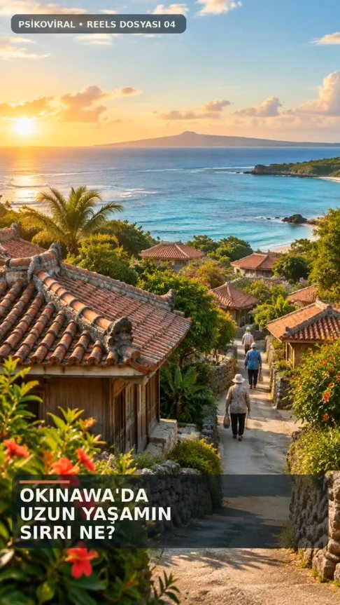 Okinawa’yı betimleyen deniz, evler ve yürüyen insanlar illüstrasyonu